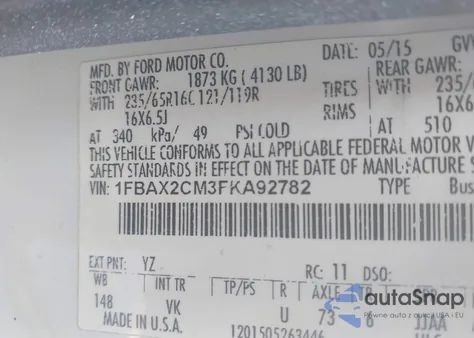 2015 Ford Transit-350 Xl из США, поврежденный, VIN 1FBAX2CM3FKA92782